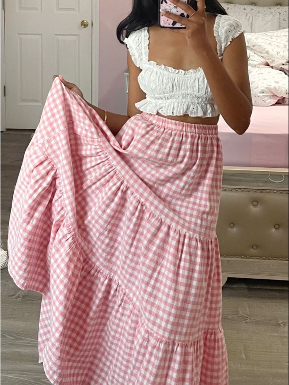 Pink Gingham Tiered Maxi Skirt with Elastic Waistband
